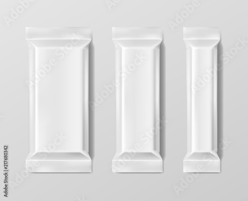 Plastic packs product set. Stick package for snack, coffee, salt, sugar, pepper, spices. Plastic bag pack for snack or food product. Vector illustration