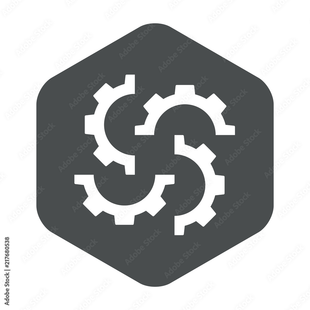 Icono plano 4 engranajes girando en hexagono gris Icono plano 4 engranajes girando en hexagono gris