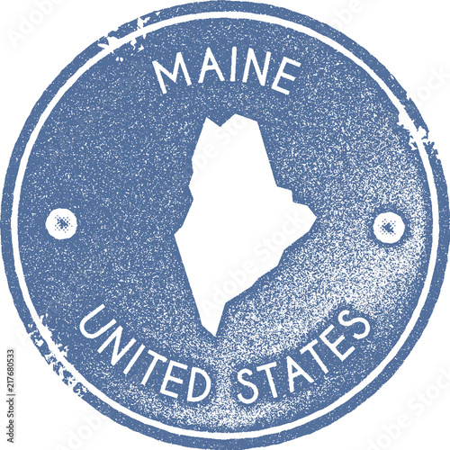 Maine map vintage stamp. Retro style handmade label, badge or element for travel souvenirs. Light blue rubber stamp with US state map silhouette. Vector illustration.