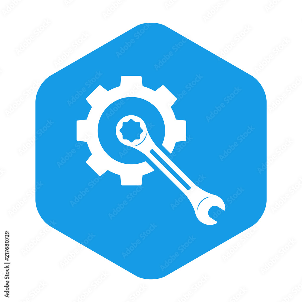 Icono plano engranaje con llave en centro en hexagono azul Icono plano engranaje con llave en centro en hexagono azul