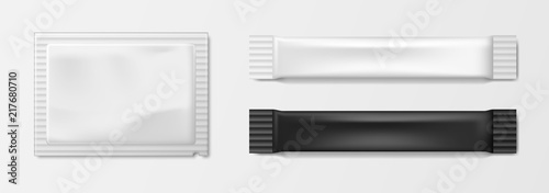 Food packaging Coffee, Salt, Sugar, Pepper, Sweets and other food. Realistic White Stick template Packaging Foil wet wipes sachet Pouch Medicine.