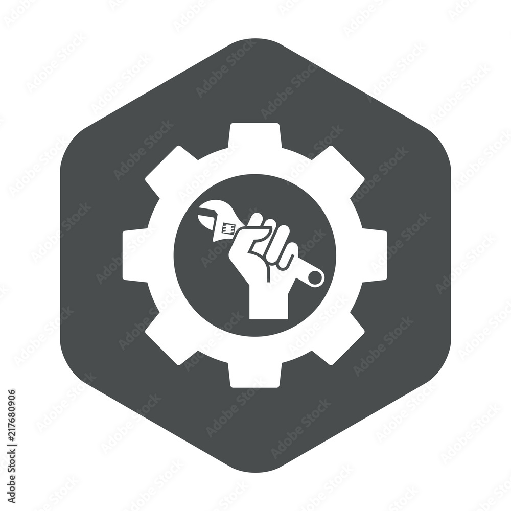 Icono plano engranaje y mano con llave inglesa en hexagono gris Icono plano engranaje y mano con llave inglesa en hexagono gris