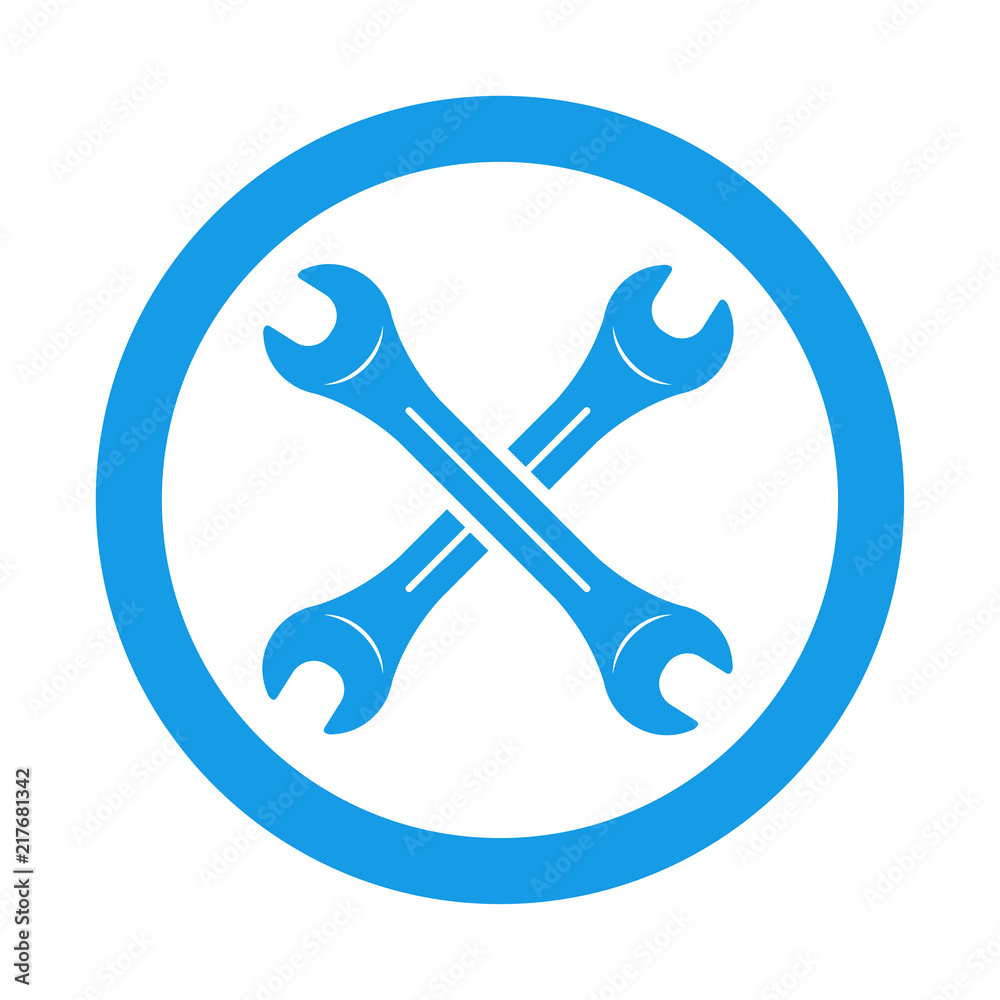 Icono plano llaves cruzadas en circulo color azul Icono plano llaves cruzadas en circulo color azul