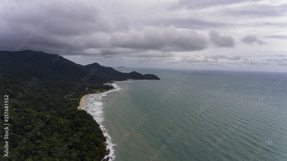 Aerial View of Koh Chang, Thailand with trees and water