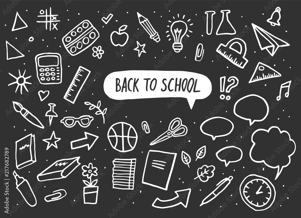 Back to school set. Vector Lettering and hand-drawn graphic. Education items. Vector illustration Back to school set. Vector Lettering and hand-drawn graphic. Education items. Vector illustration