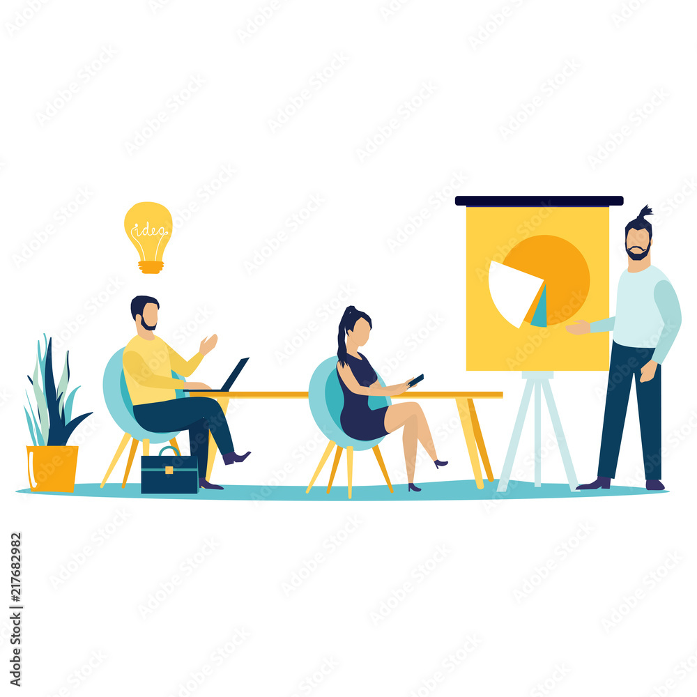 Business teamwork concept. Man making presentation on conference. Flat style vector illustration isolated on white background. Training of office staff. Increase sales and skills.