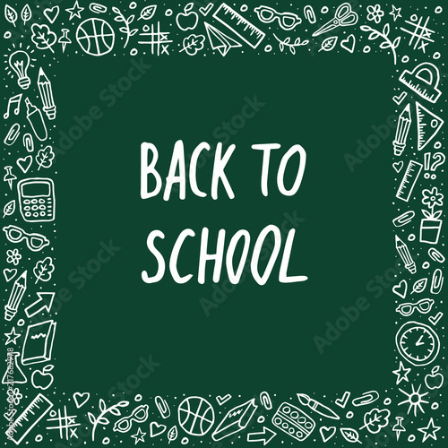 Back to school Vector Lettering and hand-drawn graphic. Template frame on white background. Vector illustration