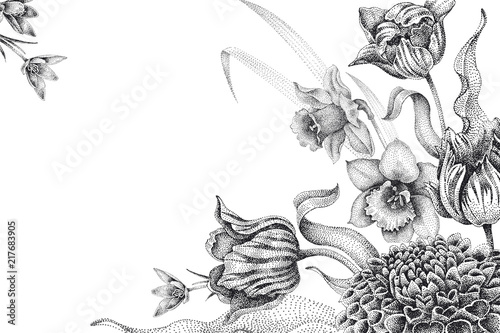 Wedding invitations templates cards with flowers tulips, dahlia and narcissus.