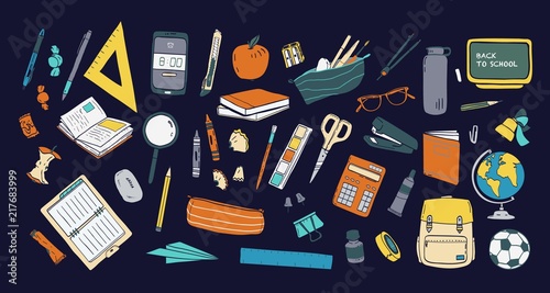 Collection of school stationery and tools for learning, studies, education isolated on dark background. Colorful hand drawn vector illustration in realistic style for Knowledge day or 1 September.