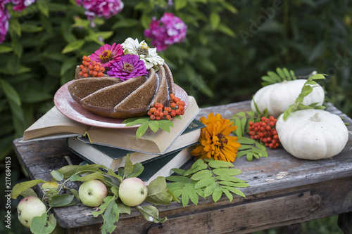 homemade bundt cake on a old table photo