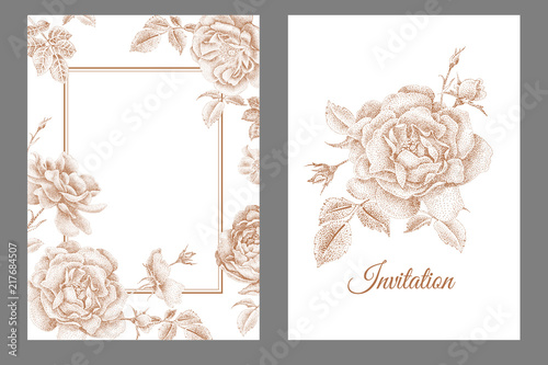 Wedding invitations templates cards with flowers peonies, roses set.