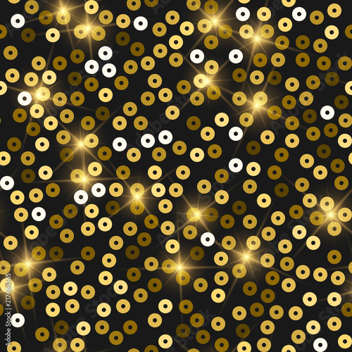Glitter seamless texture. Admirable gold particles. Endless pattern made of sparkling sequins. Attra