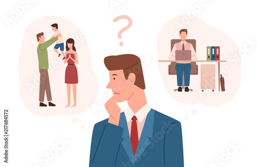 Man dressed in business suit choosing between family responsibilities and career. Difficult choice, life dilemma, working parent decision making. Colorful vector illustration in flat cartoon style.