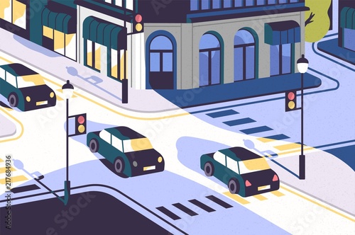City view with cars driving along road, modern buildings, crossroad with traffic lights and zebra crossings or crosswalks. Urban scenery. Colorful vector illustration in contemporary flat style.