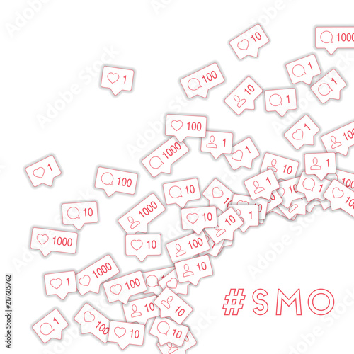 Social media icons. Smo concept. Falling counter comment friend notification. Radiant right bottom c