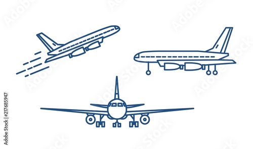 Passenger plane or civil aircraft taking off or ascending and standing on ground drawn with contour lines on white background. Front and side views. Monochrome vector illustration in linear style.