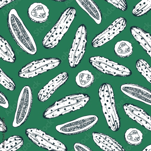 Seamless pattern with whole and cut tasty cucumbers drawn with contour lines ...