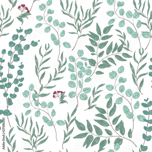 Antique floral seamless pattern with beautiful eucalyptus branches, leaves an...