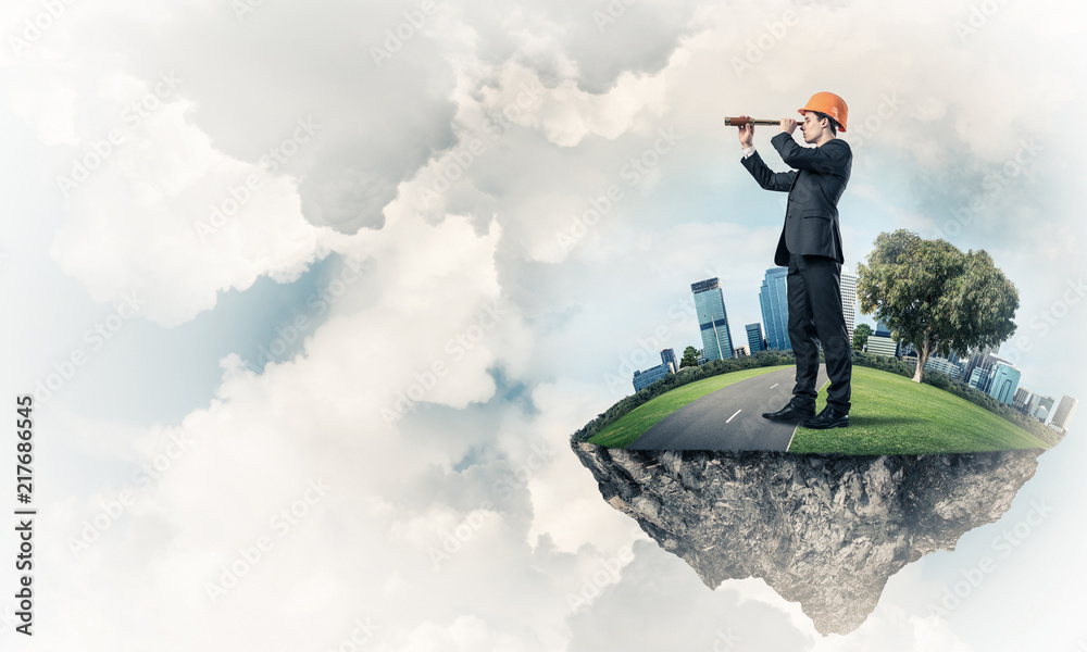 Builder man and modern city as concept of eco green construction Builder man and modern city as concept of eco green construction