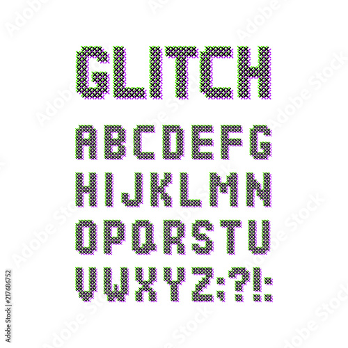 Vector realistic embroidery lettering alphabet with modern glitch effect. Cross stitch uppercase english font
