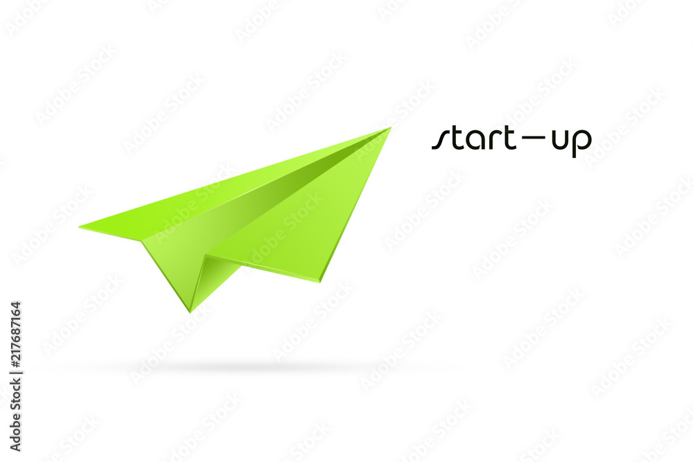 Green paper airplane on a white background. The concept of starting a business, a new beginning, all over again. start ap.