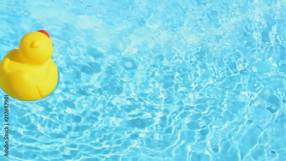 A yellow rubber duck floating relaxed and casually on the sparkling and crystal-clear water of a pool in summer light