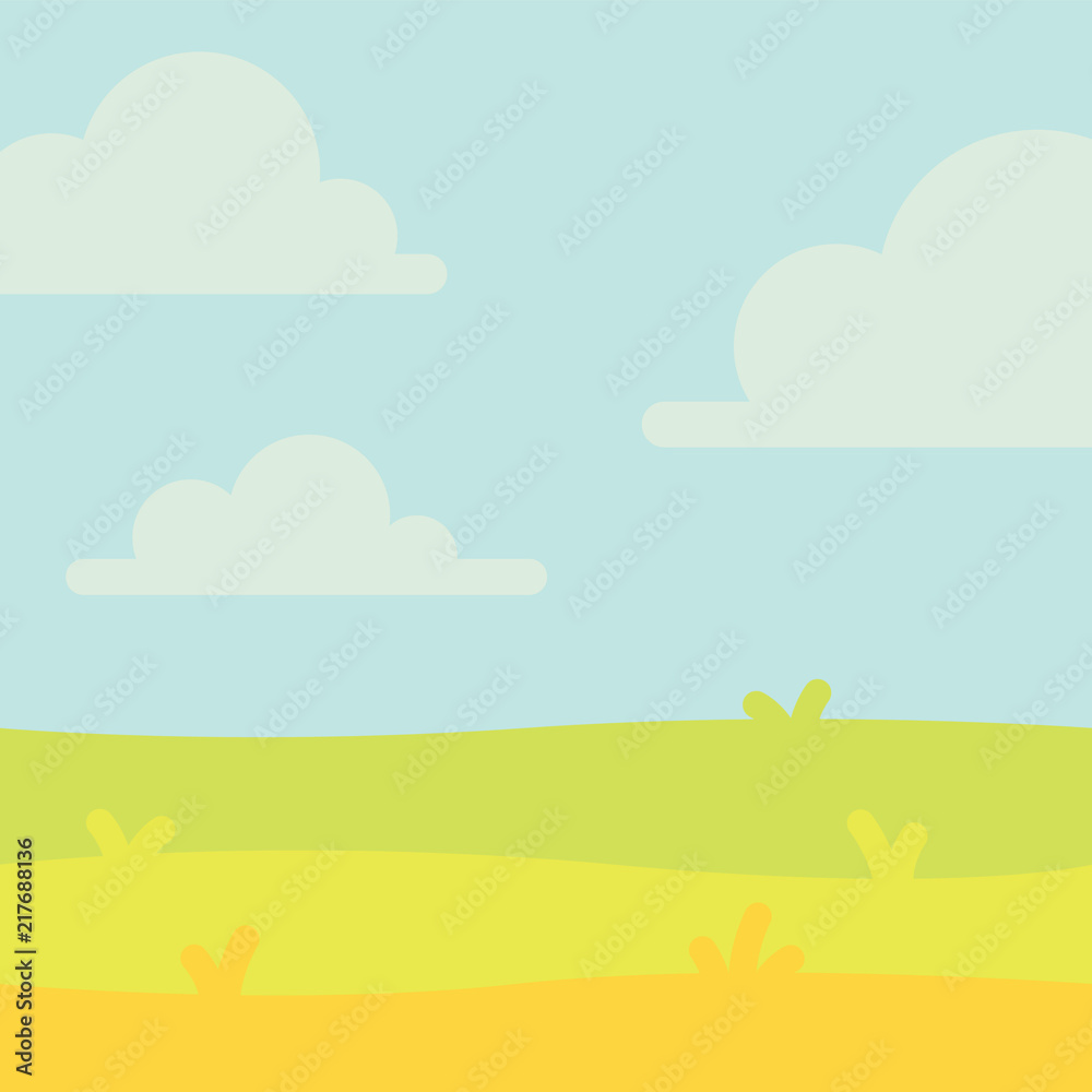 Soft nature landscape with blue sky, hills and green grass. Rural scenery. Field and meadow. Vector illustration in simple minimalistic flat style. Scene for your artwork and design. Soft nature landscape with blue sky, hills and green grass. Rural scenery. Field and meadow. Vector illustration in simple minimalistic flat style. Scene for your artwork and design.