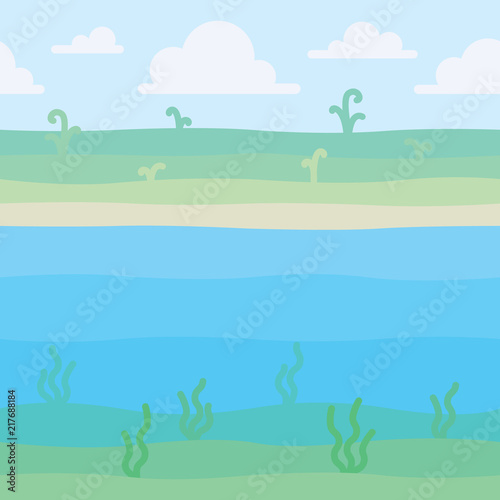 Soft nature landscape. Shore with some plants and underwater view with seaweed. Scene for your artwork, infographic. Vector illustration of unified landscape in simple minimalistic flat style. Square.