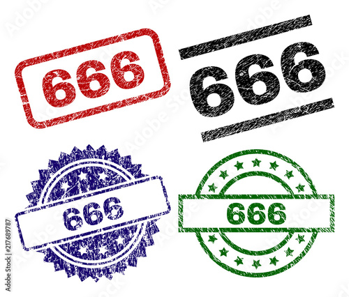 666 seal prints with damaged texture. Black, green,red,blue vector rubber prints of 666 tag with grunge texture. Rubber seals with round, rectangle, rosette shapes.