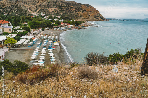 Aerial Top Panorama view of Aghia Galini beach at Crete island in Greece. South coast of the Libyan sea. photo