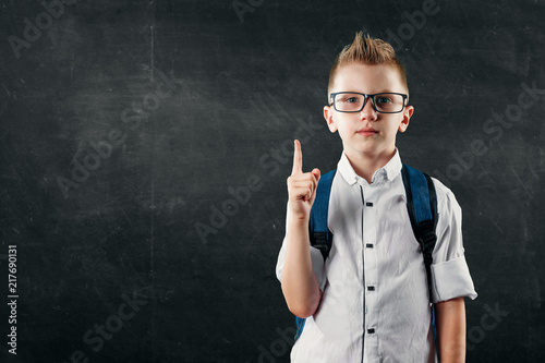 Portrait of a boy from an elementary school on a background of a school board. The concept back to school, knowledge day, the first of September, the beginning of school activities.