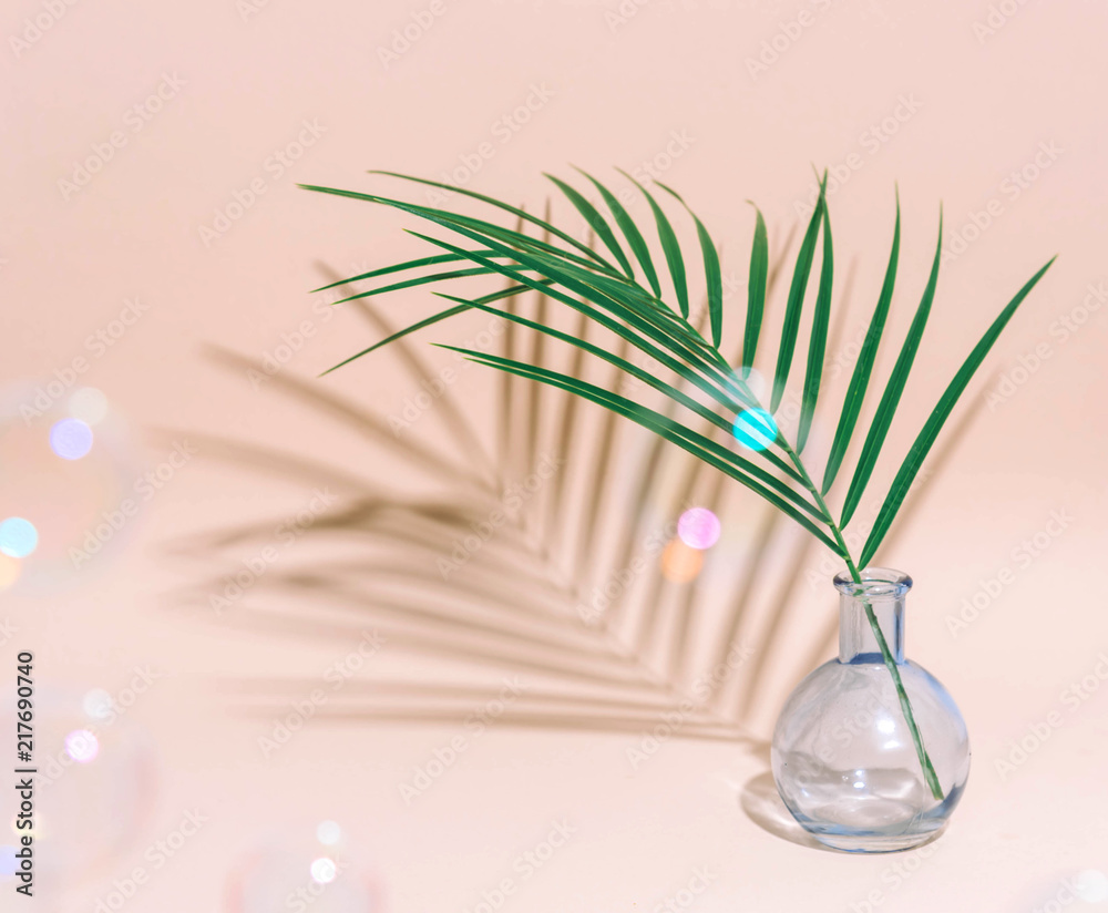 Minimal pure composition with palm leaf in a vase on pastel background. - obrazy, fototapety, plakaty 