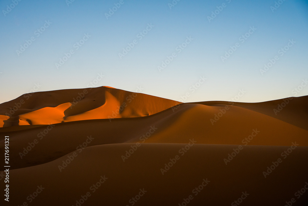 Sand dunes in Sahara desert during the sunny day with the blue sky