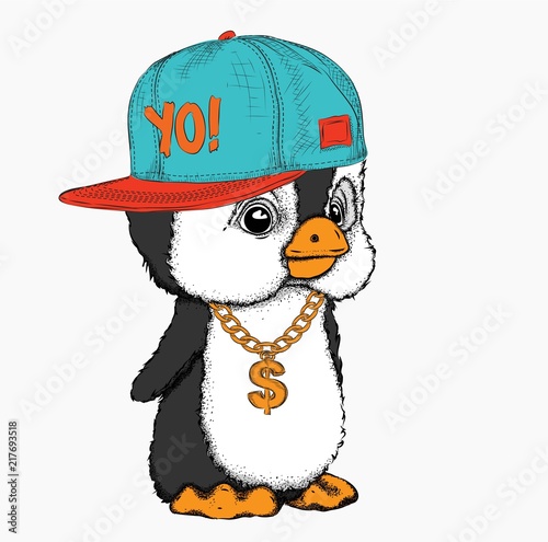 The poster with the image penguin portrait in hip-hop hat. Vector illustration.