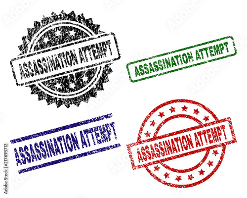 ASSASSINATION ATTEMPT seal prints with damaged texture. Black, green,red,blue vector rubber prints of ASSASSINATION ATTEMPT label with unclean texture. Rubber seals with round, rectangle,