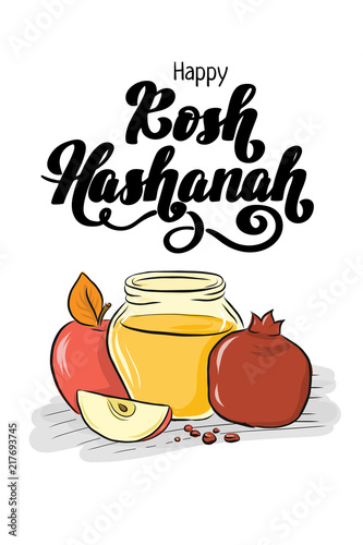 Rosh Hashanah Jewish new year holiday card with hand drawn lettering with outline apple, honey and pomegranate illustration for poster, banner, greeting card, harvest holiday invitation