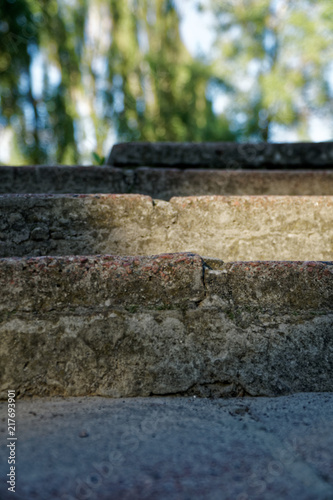 Brick grunge Stone stairs with leafs, defocused background