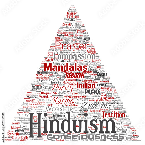 Vector conceptual hinduism, shiva, rama, yoga triangle arrow red word cloud isolated background. Collage of mandalas, samsara, celebration, tradition, peace, compassion, rebirth, karma, dharma concept