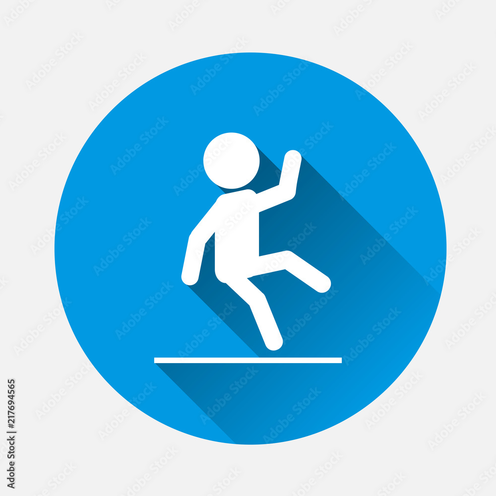 Man drops vector icon. Symbol of wet floor, slippery floor on blue background. Flat image caution wet with long shadow. Layers grouped for easy editing illustration. For your design Man drops vector icon. Symbol of wet floor, slippery floor on blue background. Flat image caution wet with long shadow. Layers grouped for easy editing illustration. For your design