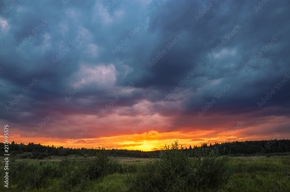 Sunny sunset in the clouds above the forest