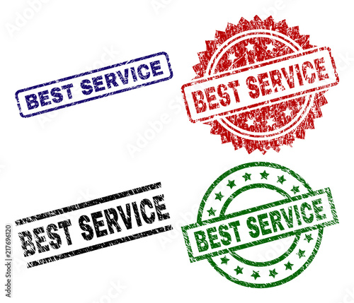 BEST SERVICE seal prints with distress style. Black, green,red,blue vector rubber prints of BEST SERVICE title with dirty surface. Rubber seals with round, rectangle, medallion shapes.