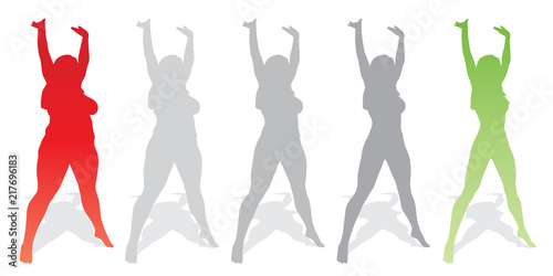 Vector conceptual fat overweight obese female vs slim fit healthy body after weight loss or diet with muscles thin young woman isolated. Fitness, nutrition or fatness obesity, health silhouette shape