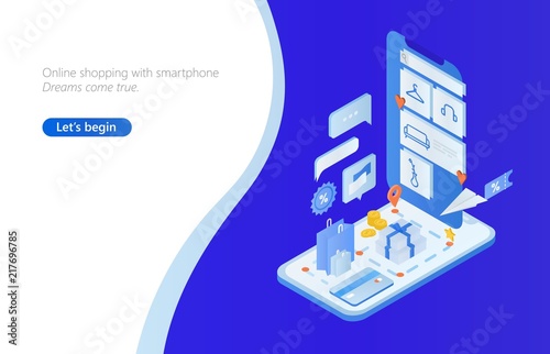 Horizontal web banner with isometric smartphone, shopping bags and boxes, mon...