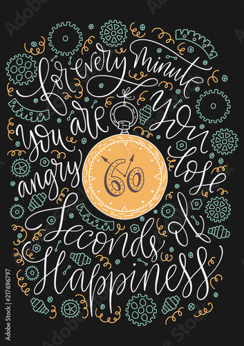 Positive inspirational vector lettering card. Handdrawn iilustration. For every minute you are angry you lose sixty seconds of happiness