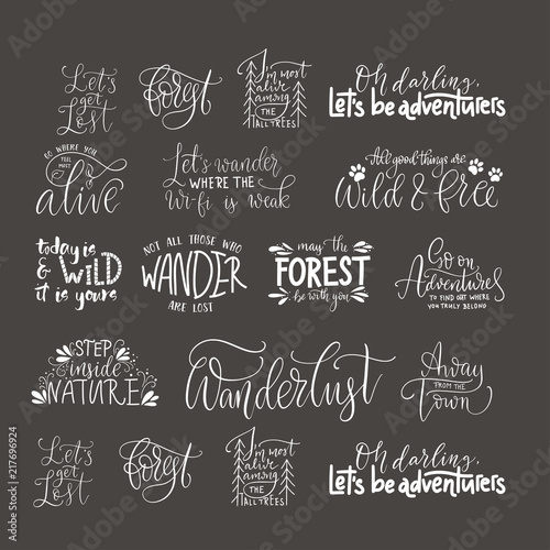 Big collection of adventure, outdoors and travel vector quotes. Nature and forest calligraphy collection.