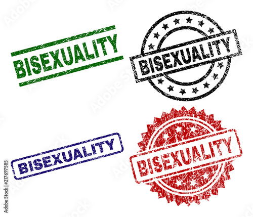 BISEXUALITY seal prints with corroded style. Black, green,red,blue vector rubber prints of BISEXUALITY label with dirty style. Rubber seals with circle, rectangle, medal shapes.