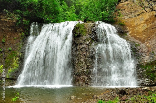 twin waterfall of mountain river