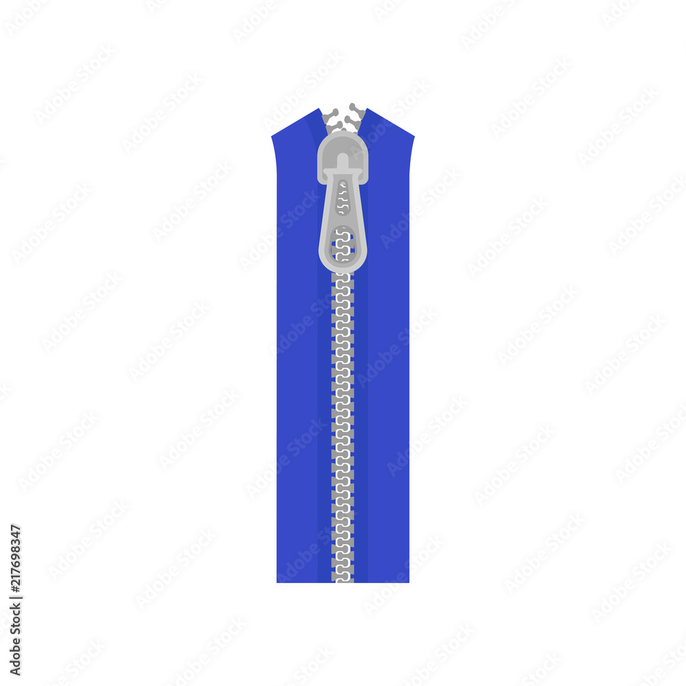 Blue clothes zip fastener with gray metal teeth. Sewing material. Flat vector for fashion studio and needlework shop