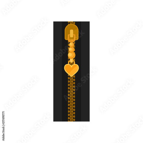 Flat vector icon of black zip fastener with golden teeth and small heart on puller. Closed zipper for female dress. Sewing material