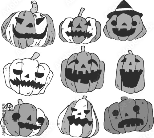 Monochrome Illustration of Halloween pumpkin set